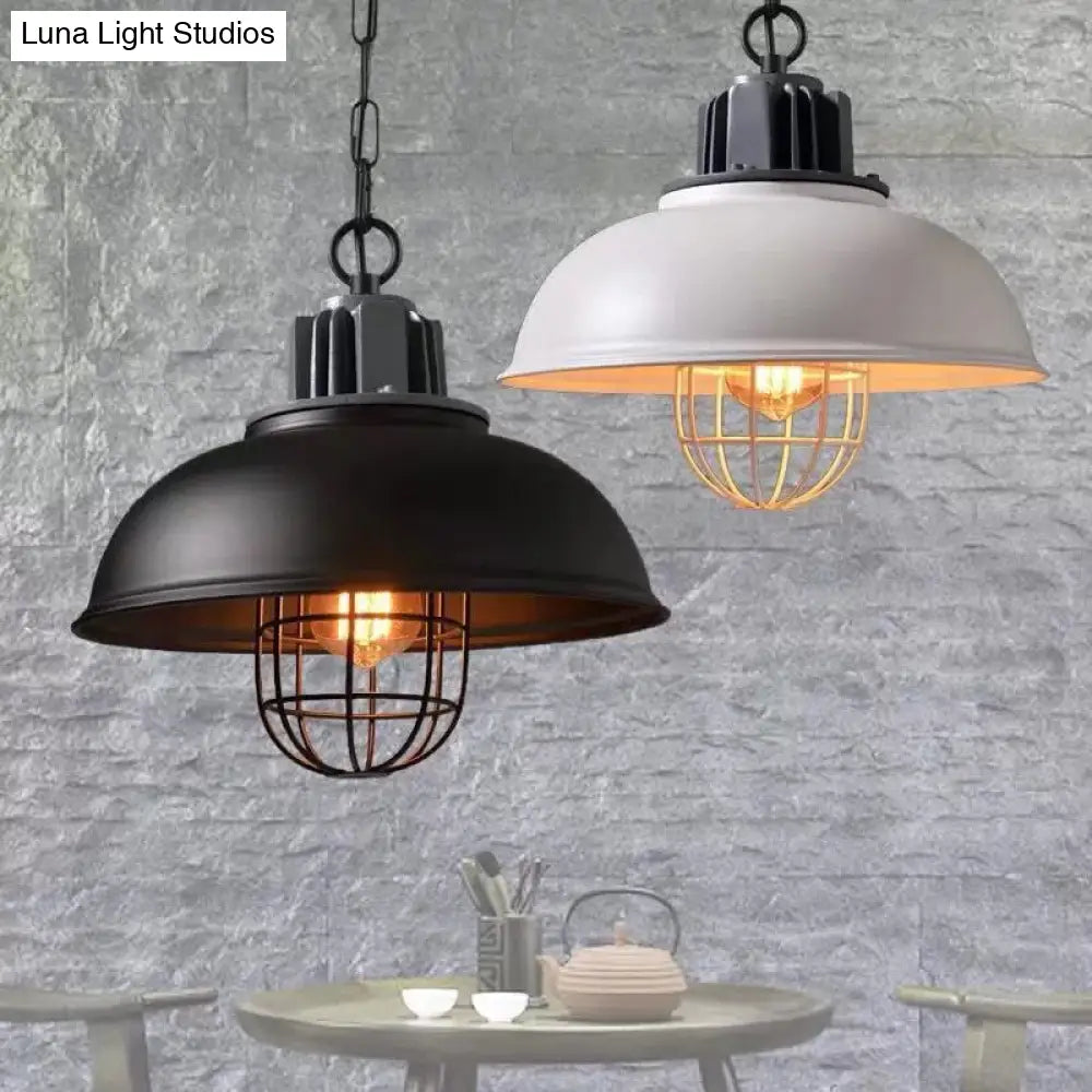 Iron Industrial 1-Head Pendant Light With Cage For Dining Room Bowl Suspension - Black/White