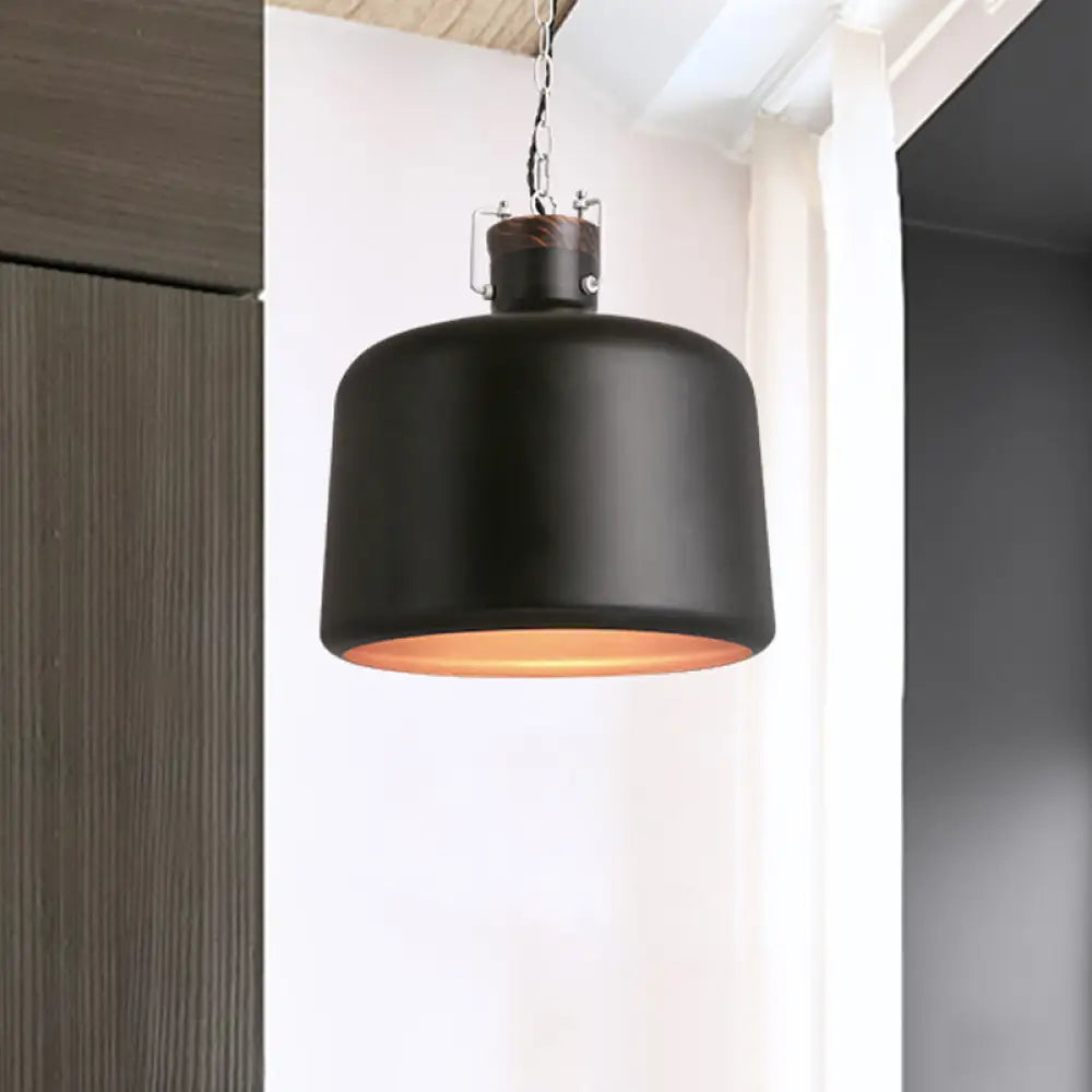 Industrial Iron Pendant Light Fixture - Bucket Restaurant 1 Bulb Suspension Lamp (Black/White) Black