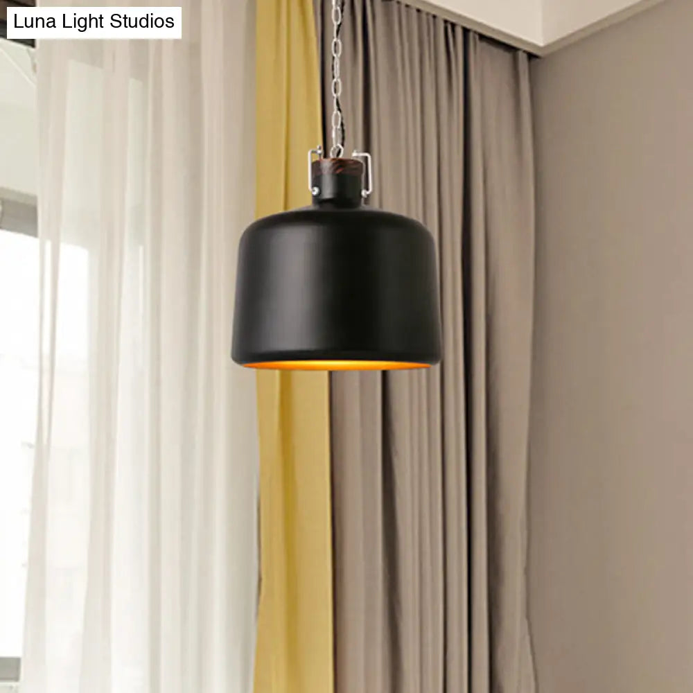 Industrial Iron Pendant Light Fixture - Bucket Restaurant 1 Bulb Suspension Lamp (Black/White)
