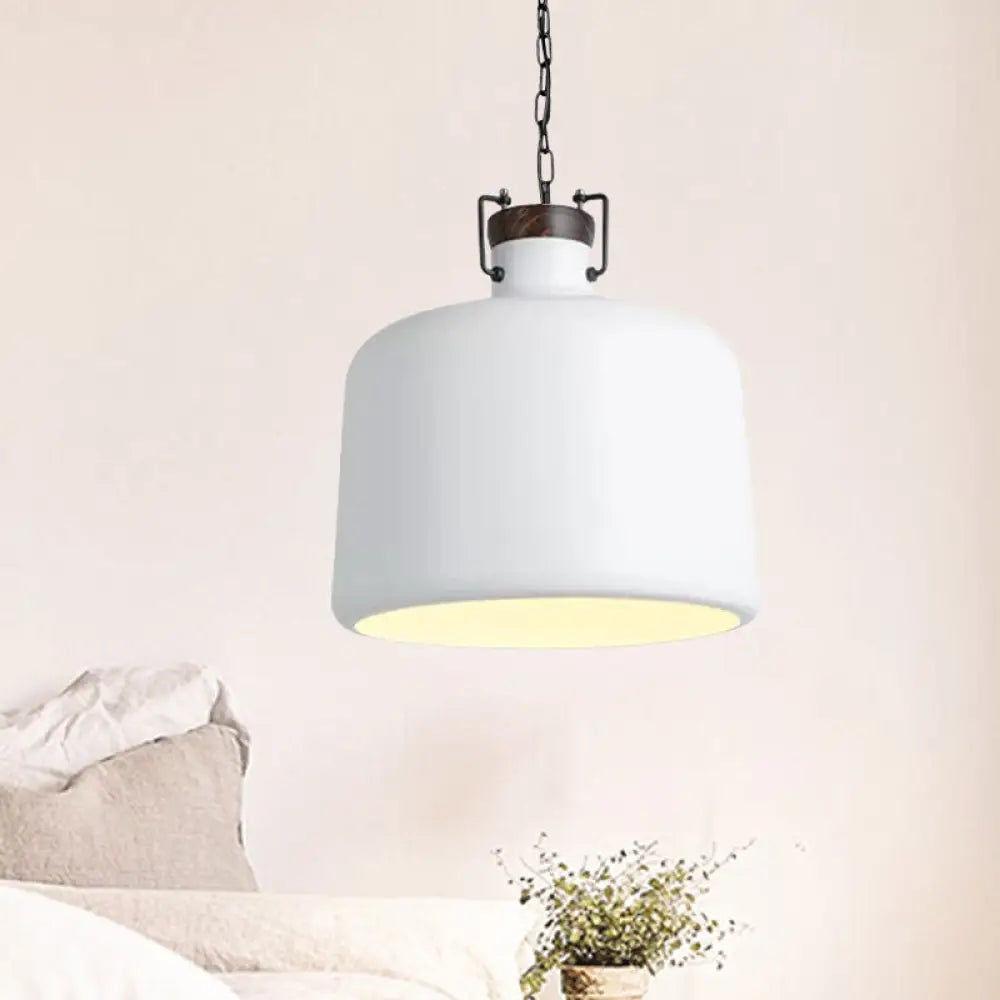 Industrial Iron Pendant Light Fixture - Bucket Restaurant 1 Bulb Suspension Lamp (Black/White) White