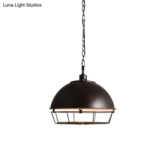 Industrial Iron Pendant Light Fixture With Aged Silver/Black Finish - Bowl Shape Hooded Cage Ideal