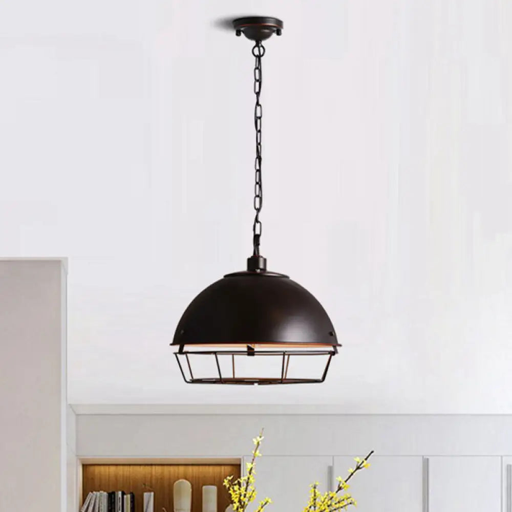 Industrial Iron Pendant Light Fixture With Aged Silver/Black Finish - Bowl Shape Hooded Cage Ideal