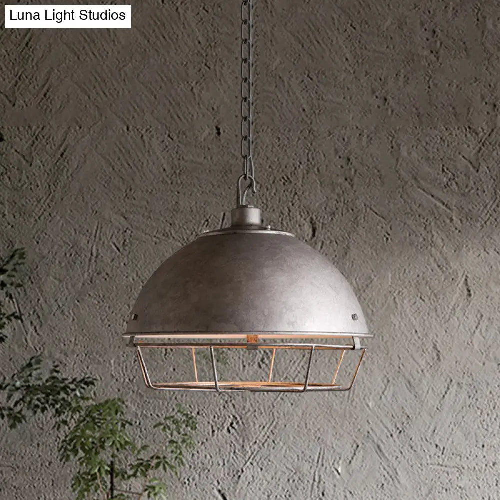 Industrial Iron Pendant Light With Hooded Cage - Aged Silver/Black Bowl Shape Ideal For Restaurants