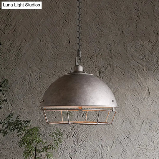 Industrial Iron Pendant Light With Hooded Cage - Aged Silver/Black Bowl Shape Ideal For Restaurants