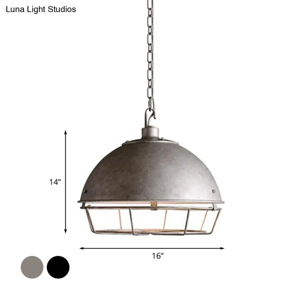 Industrial Iron Pendant Light Fixture With Aged Silver/Black Finish - Bowl Shape Hooded Cage Ideal