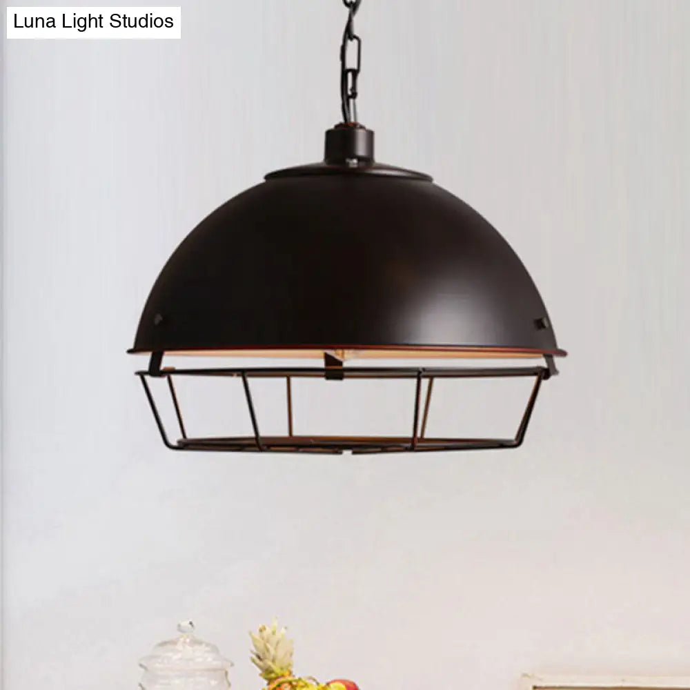 Industrial Iron Pendant Light Fixture With Aged Silver/Black Finish - Bowl Shape Hooded Cage Ideal