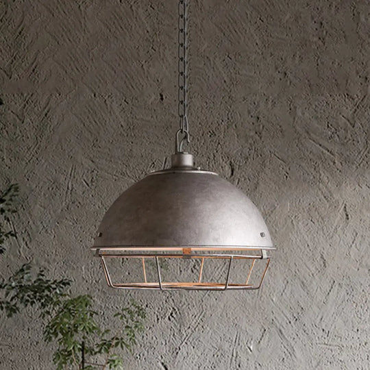 Industrial Iron Pendant Light Fixture With Aged Silver/Black Finish - Bowl Shape Hooded Cage Ideal