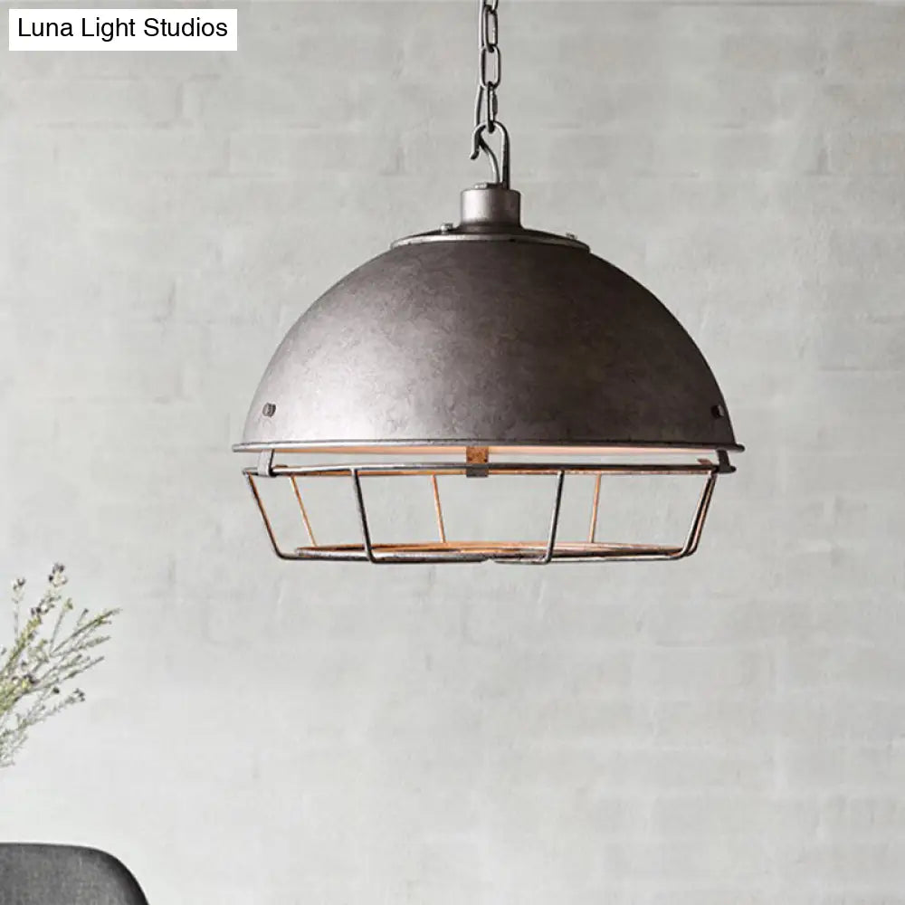 Industrial Iron Pendant Light With Hooded Cage - Aged Silver/Black Bowl Shape Ideal For Restaurants