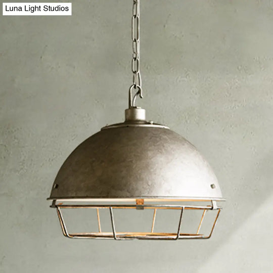 Industrial Iron Pendant Light Fixture With Aged Silver/Black Finish - Bowl Shape Hooded Cage Ideal