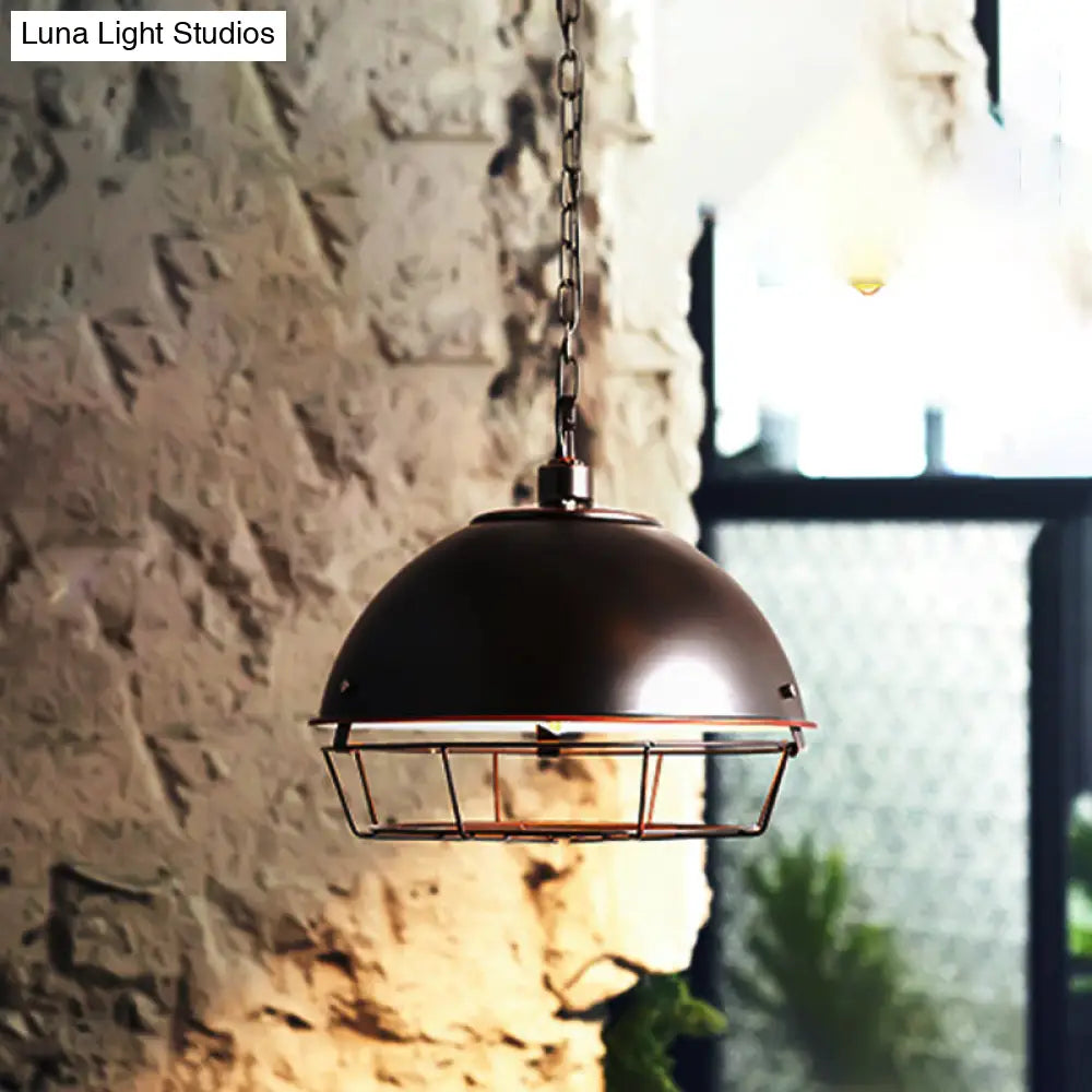 Industrial Iron Pendant Light With Hooded Cage - Aged Silver/Black Bowl Shape Ideal For Restaurants