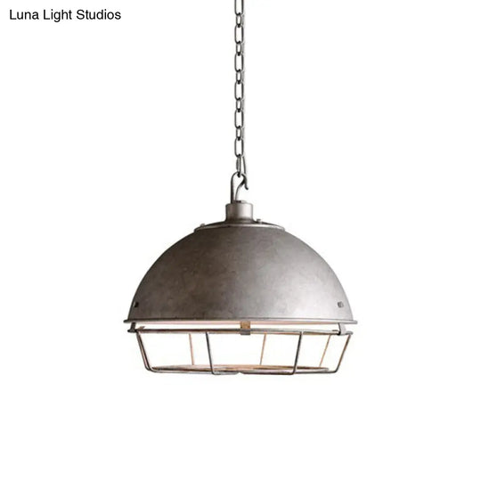 Industrial Iron Pendant Light With Hooded Cage - Aged Silver/Black Bowl Shape Ideal For Restaurants
