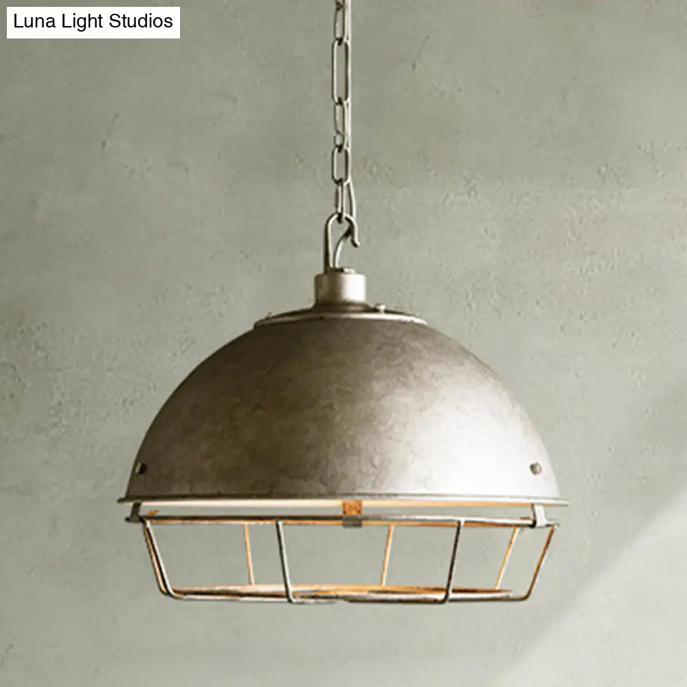 Industrial Iron Pendant Light With Hooded Cage - Aged Silver/Black Bowl Shape Ideal For Restaurants