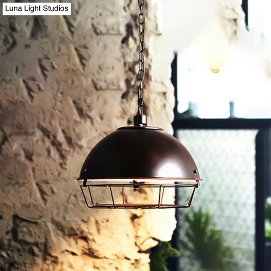 Industrial Iron Pendant Light Fixture With Aged Silver/Black Finish - Bowl Shape Hooded Cage Ideal