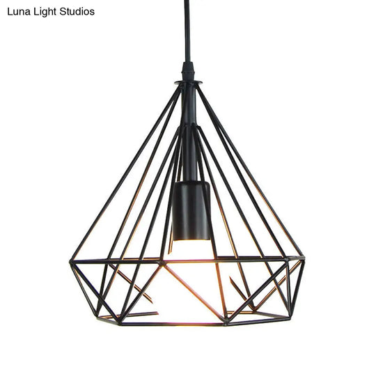 Industrial Iron Black Diamond Pendant Light - Single-Bulb Suspension Lamp For Dining Room