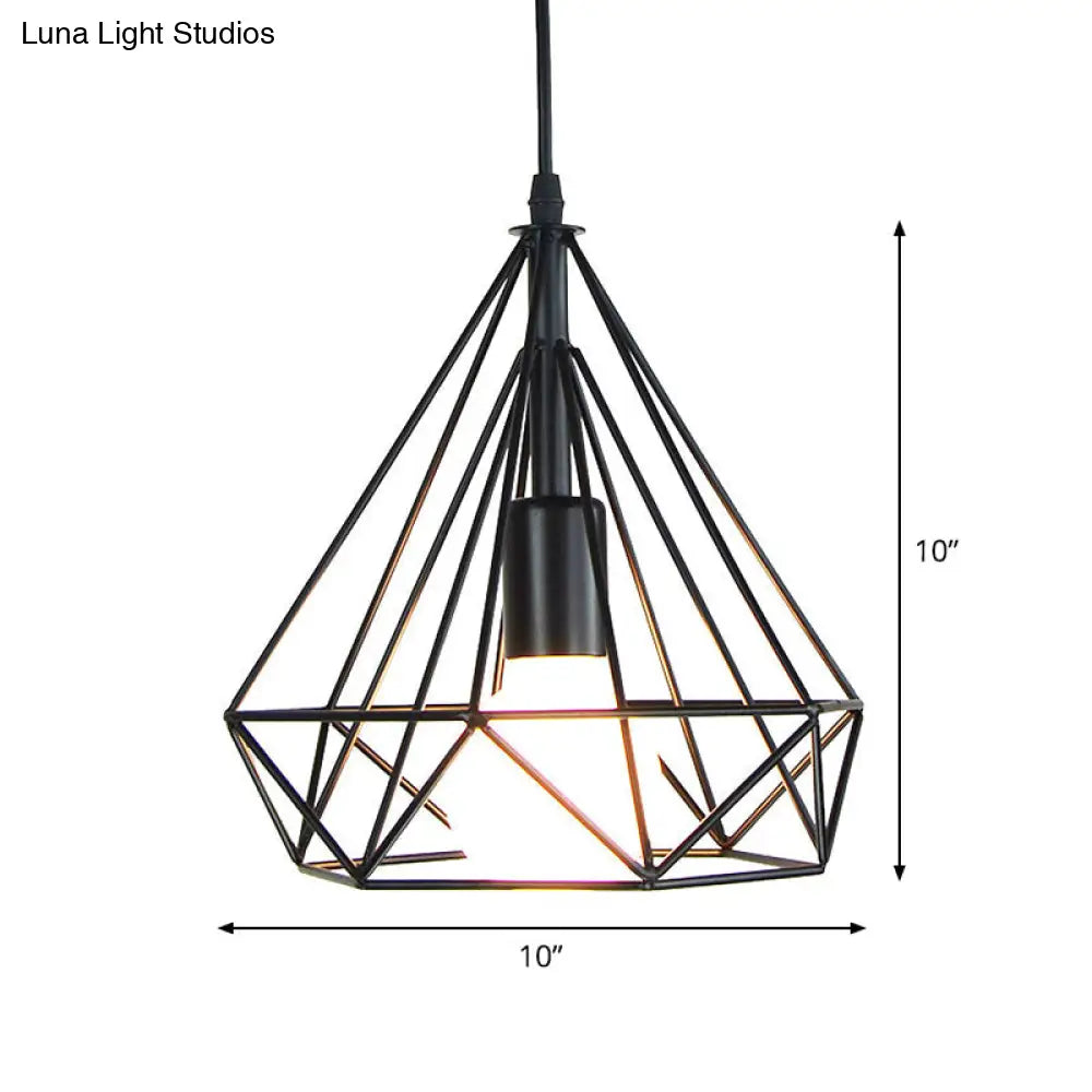 Industrial Iron Pendant Light Kit - Black Diamond Shaped Single-Bulb Suspension Lamp For Dining Room