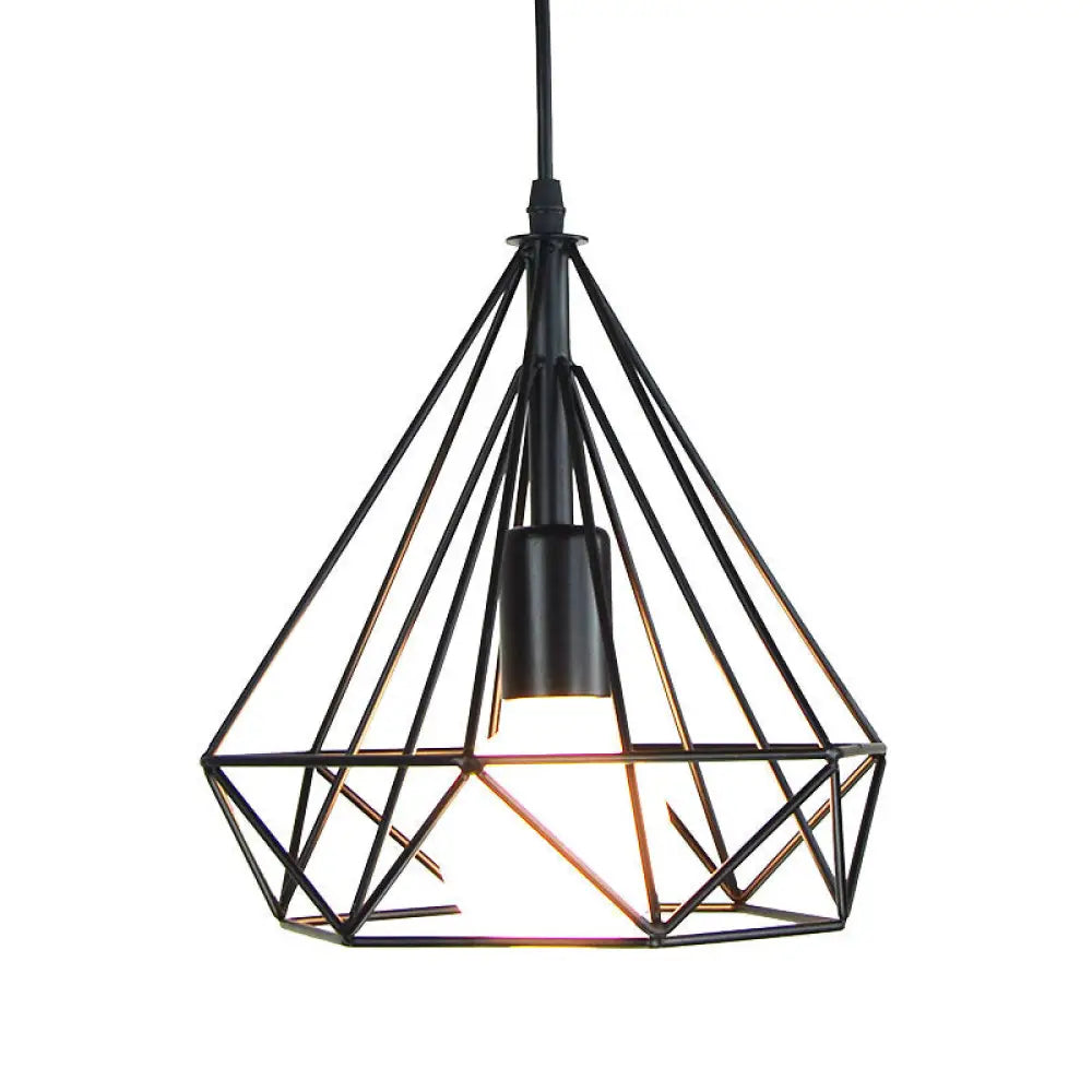 Industrial Iron Pendant Light Kit - Black Diamond Shaped Single-Bulb Suspension Lamp For Dining Room