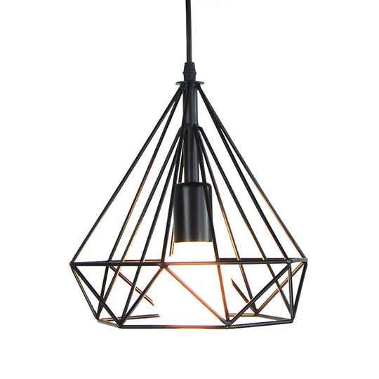 Industrial Iron Pendant Light Kit - Black Diamond Shaped Single-Bulb Suspension Lamp For Dining Room