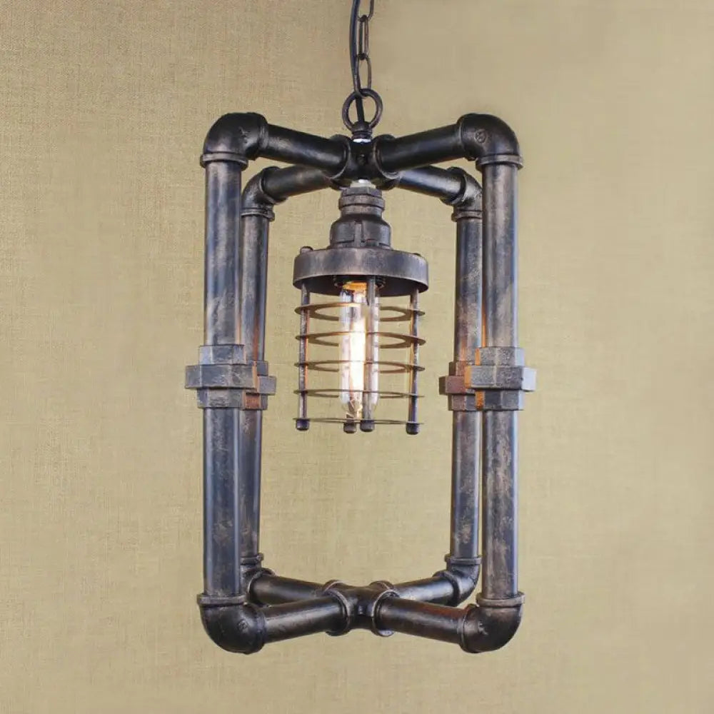 Industrial Iron Rust Cylinder Cage Hanging Light Fixture With Rectangular Pipe - 1 Bulb Ceiling