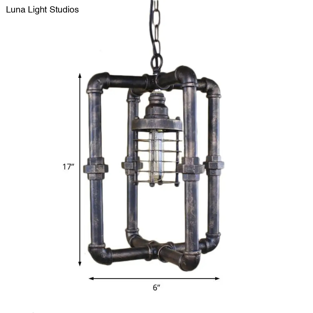 Industrial Iron Rust Cylinder Cage Hanging Light Fixture With Rectangular Pipe - 1 Bulb Ceiling