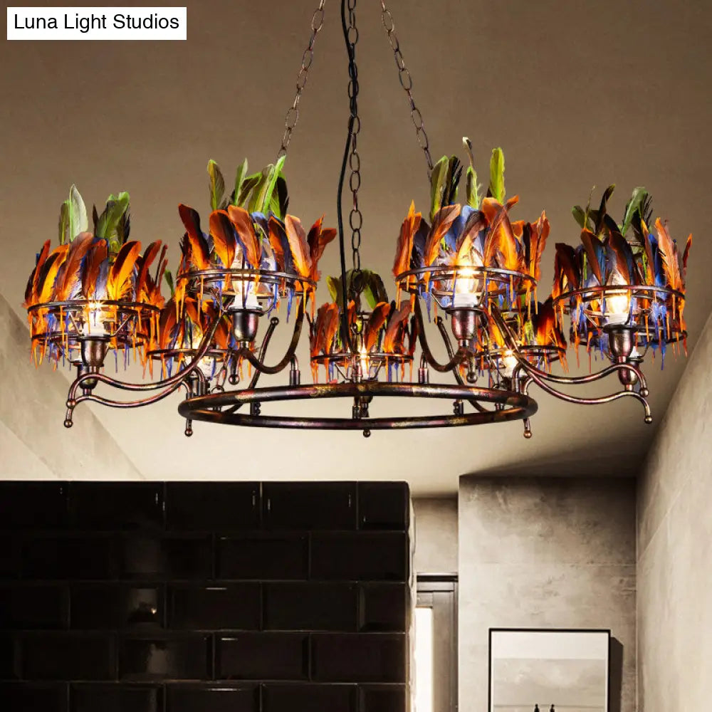 Industrial Iron Rusty Chandelier Light Fixture - 9 Lights Round Hanging Ceiling Lamp With Colorful