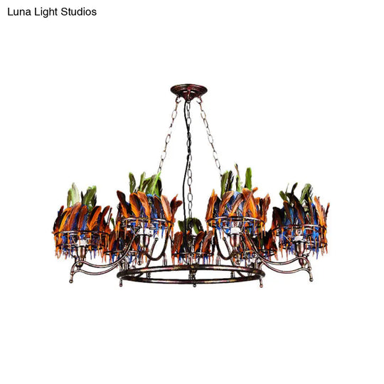 Industrial Round Chandelier With Rustic Iron Finish And Feather Accents - 9 Lights