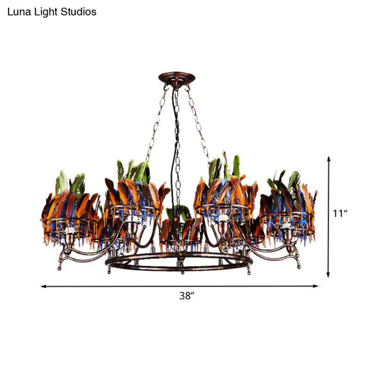 Industrial Round Chandelier With Rustic Iron Finish And Feather Accents - 9 Lights