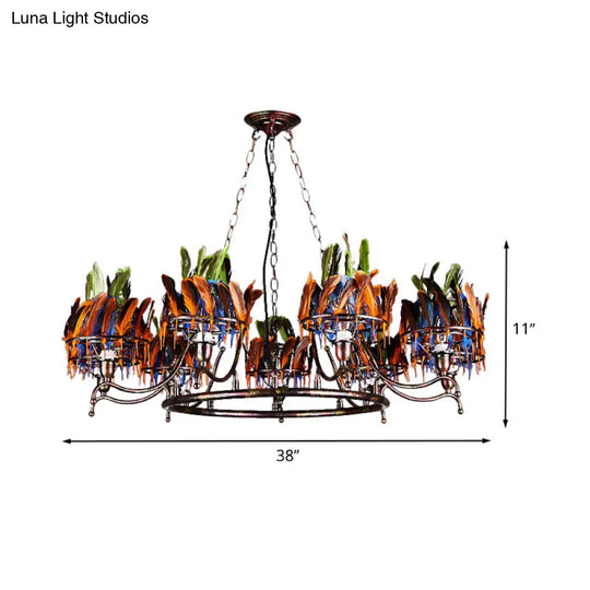 Industrial Iron Rusty Chandelier Light Fixture - 9 Lights Round Hanging Ceiling Lamp With Colorful