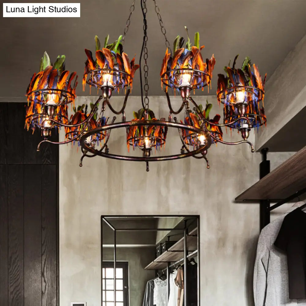 Industrial Round Chandelier With Rustic Iron Finish And Feather Accents - 9 Lights Red-Blue