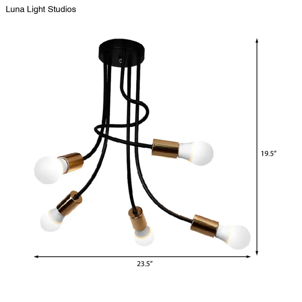 Industrial Iron Semi Flush Mount Light With 5 Gold Finish Heads And Curved Arm - Bare Bulb Ceiling