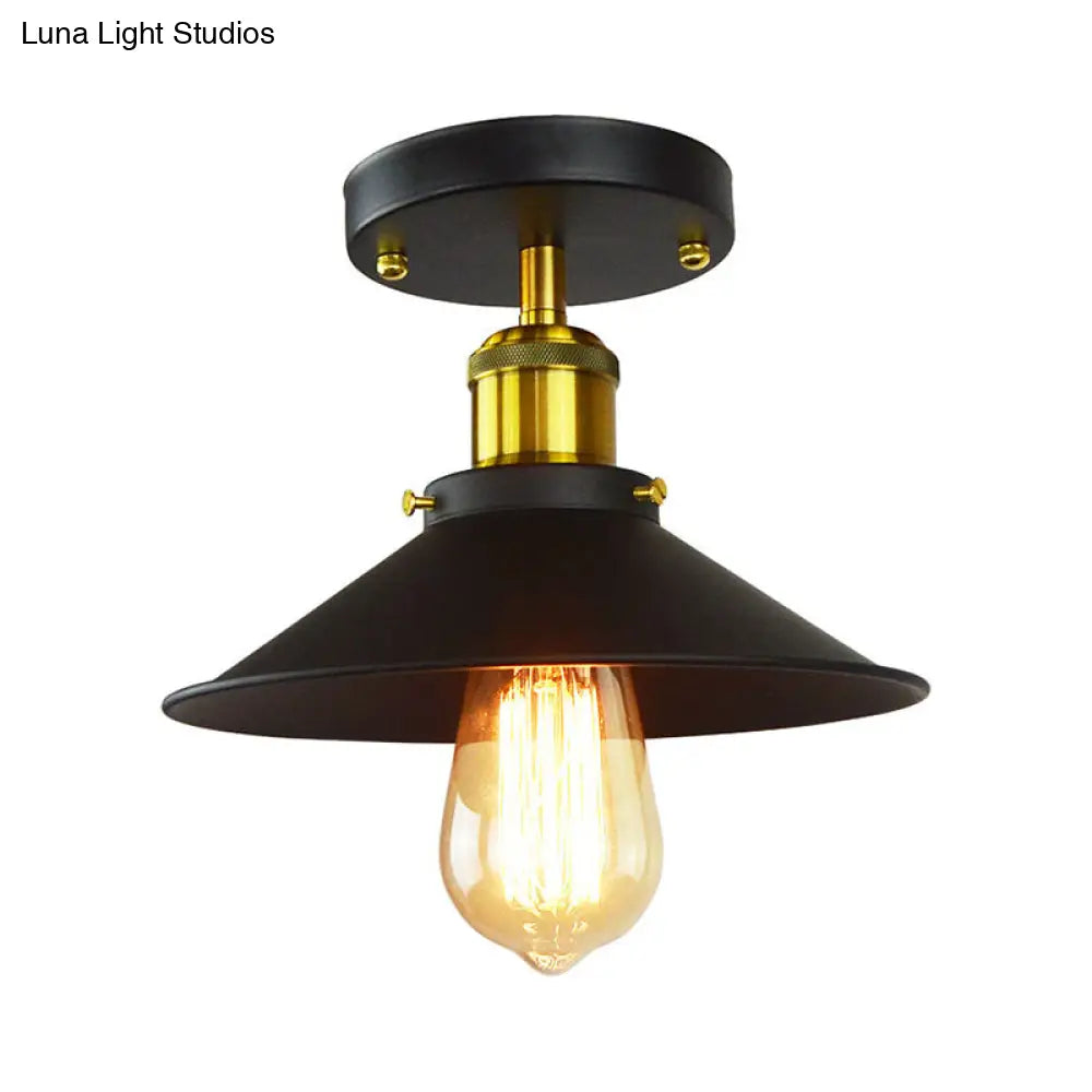 Industrial Iron Semi-Mount Foyer Ceiling Lamp - Flared Shade 1-Light Black And Brass