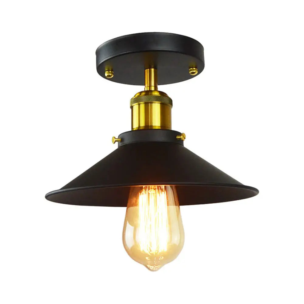 Industrial Iron Semi - Mount Foyer Ceiling Lamp - Flared Shade 1 - Light Black And Brass
