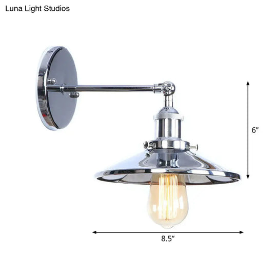 Industrial Iron Swivel Wall Lamp With Chrome Finish - 1-Light Cone/Saucer/Shadeless Design For