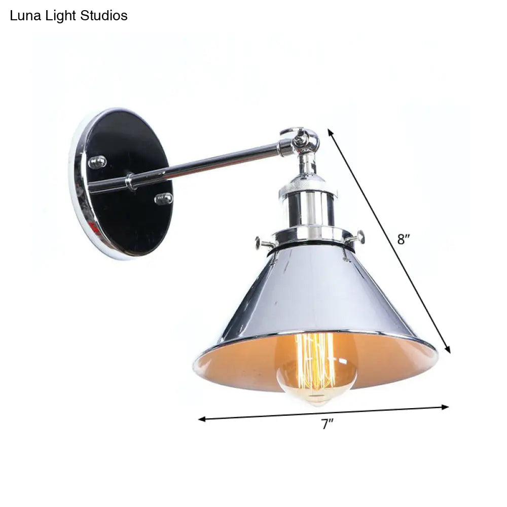 Industrial Iron Swivel Wall Lamp With Chrome Finish - 1-Light Cone/Saucer/Shadeless Design For