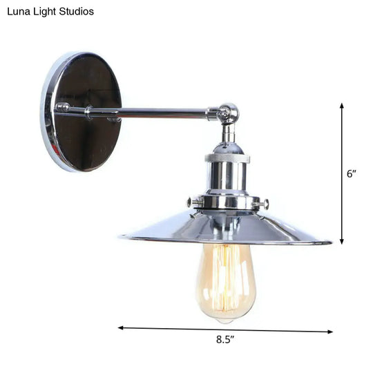 Industrial Iron Swivel Wall Lamp With Chrome Finish - 1-Light Cone/Saucer/Shadeless Design For