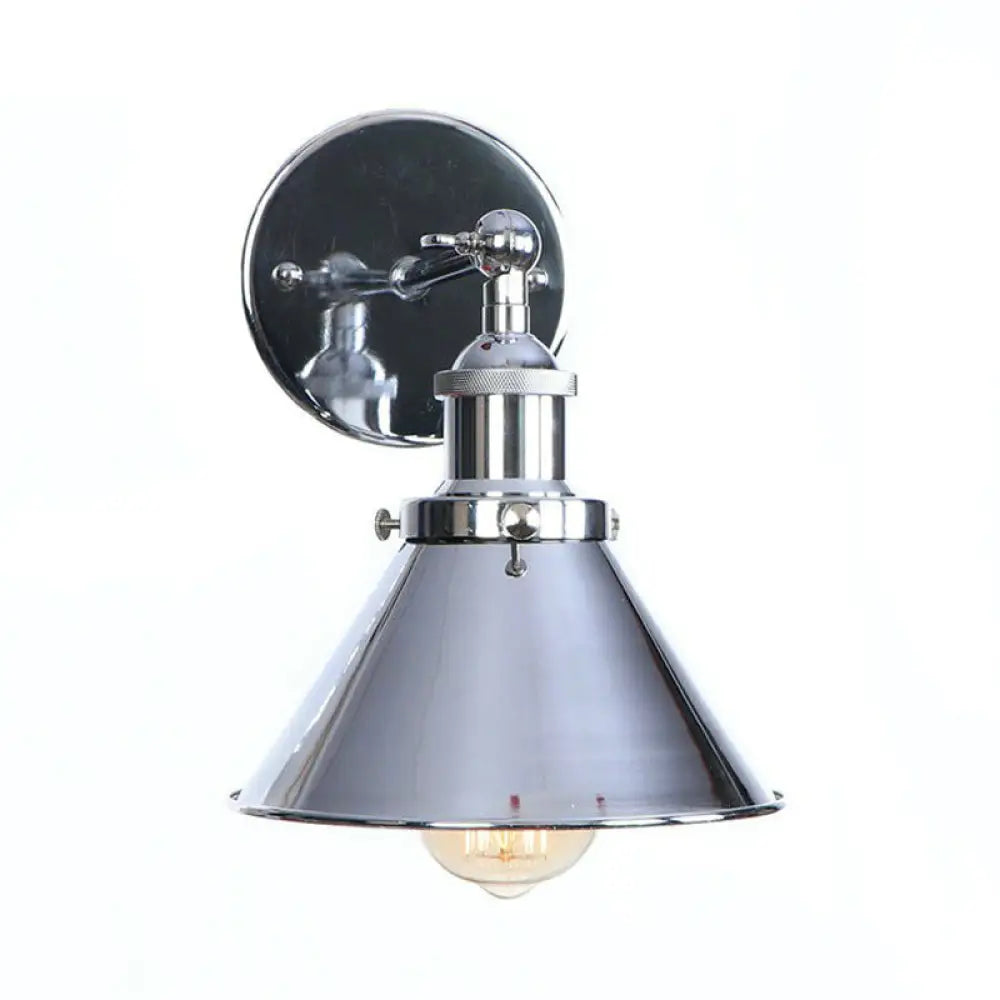 Industrial Iron Swivel Wall Lamp With Chrome Finish - 1-Light Cone/Saucer/Shadeless Design For