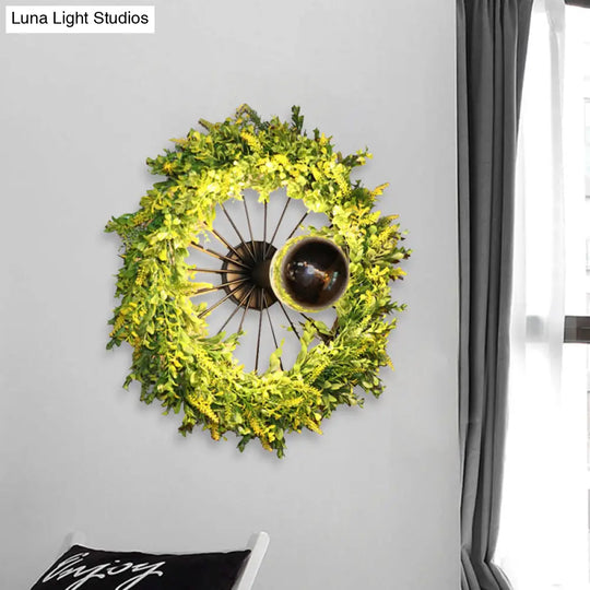 Industrial Iron Wall Sconce Fixture With Green Wheel Design - Restaurant & Plant Lighting 16/19.5