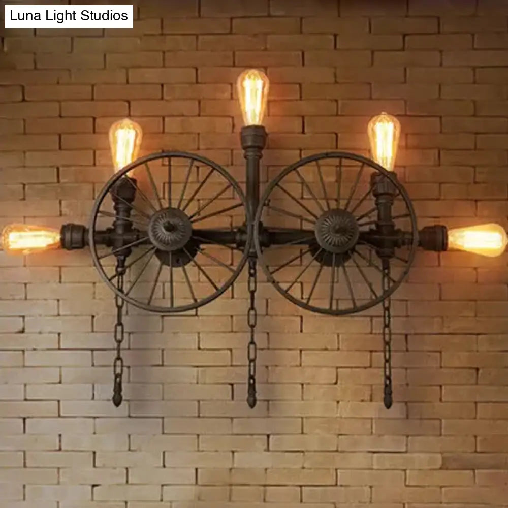 Industrial Iron Wheel Wall Mounted Sconce With Chain And Pipe - Black 1/4/5-Bulb Light