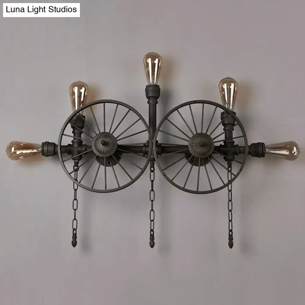 Industrial Iron Wheel Wall Mounted Sconce With Chain And Pipe - Black 1/4/5-Bulb Light