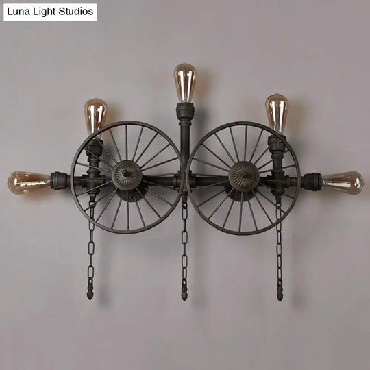 Industrial Iron Wheel Wall Mounted Sconce With Chain And Pipe - Black 1/4/5-Bulb Light