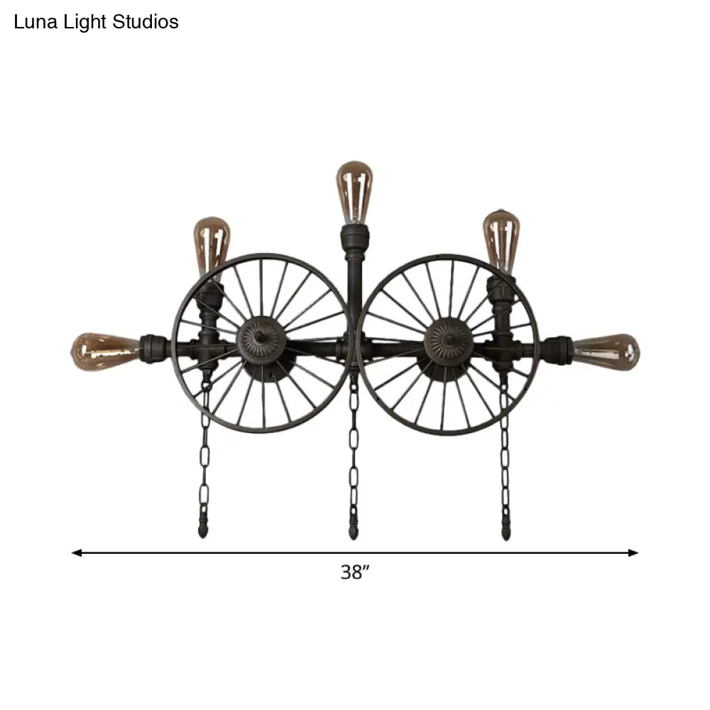 Industrial Iron Wheel Wall Mounted Sconce With Chain And Pipe - Black 1/4/5-Bulb Light