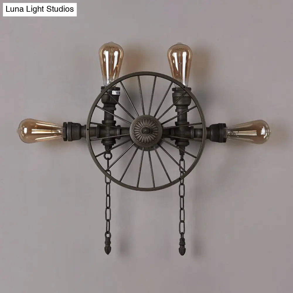 Industrial Iron Wheel Wall Mounted Sconce With Chain And Pipe - Black 1/4/5-Bulb Light