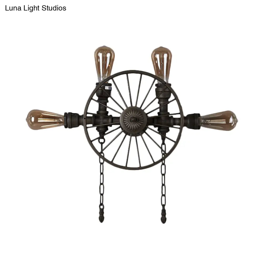 Industrial Iron Wheel Wall Mounted Sconce With Chain And Pipe - Black 1/4/5-Bulb Light