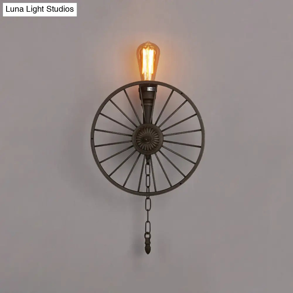 Industrial Iron Wheel Wall Mounted Sconce With Chain And Pipe - Black 1/4/5-Bulb Light