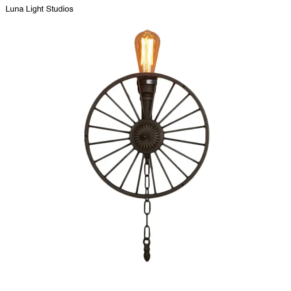 Industrial Iron Wheel Wall Mounted Sconce With Chain And Pipe - Black 1/4/5-Bulb Light