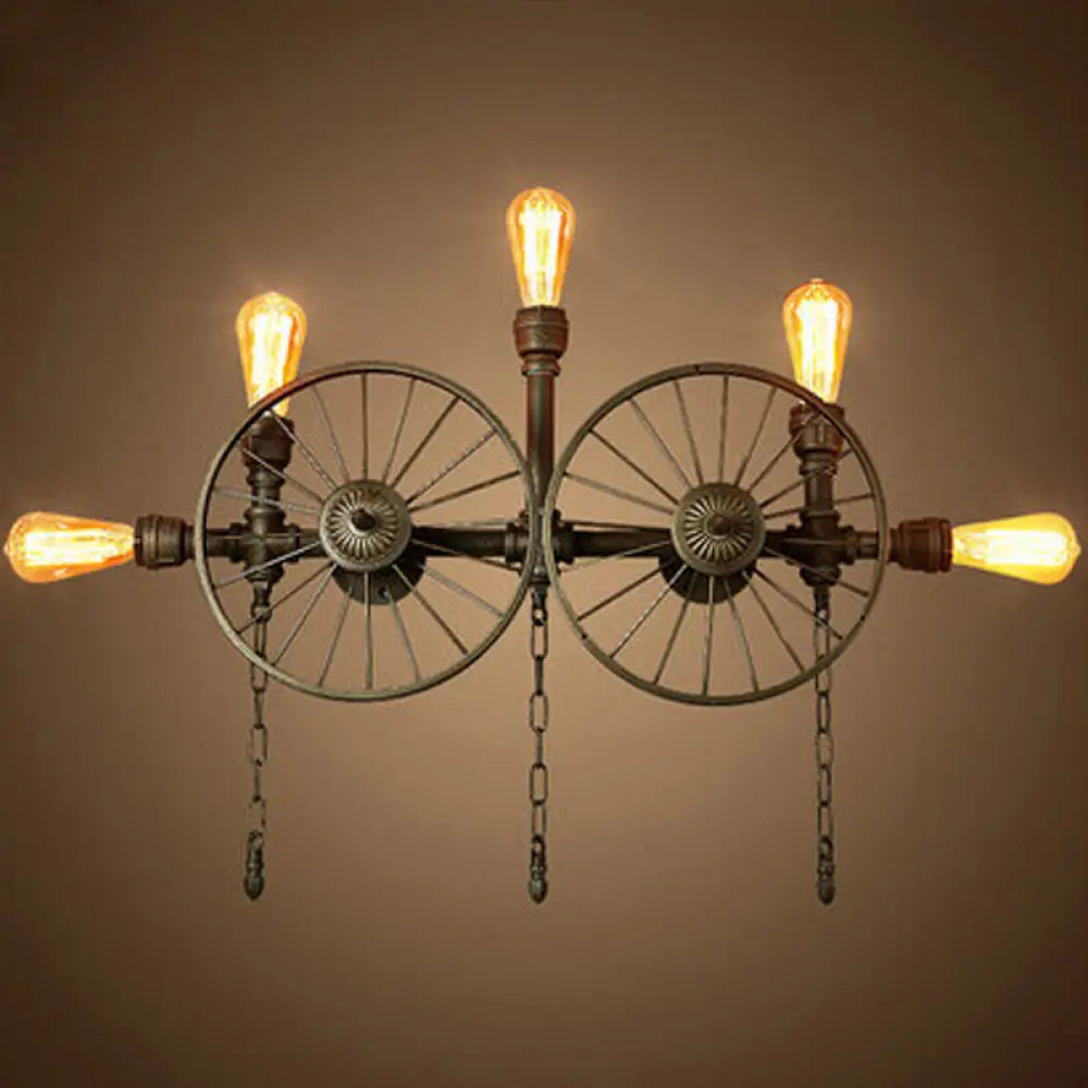 Industrial Iron Wheel Wall Mounted Sconce With Chain And Pipe - Black 1/4/5-Bulb Light 5 /