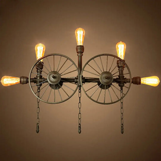 Industrial Iron Wheel Wall Mounted Sconce With Chain And Pipe - Black 1/4/5-Bulb Light 5 /