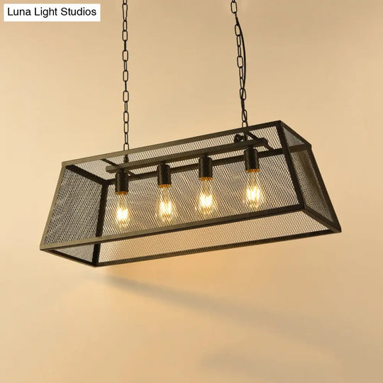 Industrial Iron Wire Mesh Pendant Light - Black 4-Light Island Lamp For Dining Room