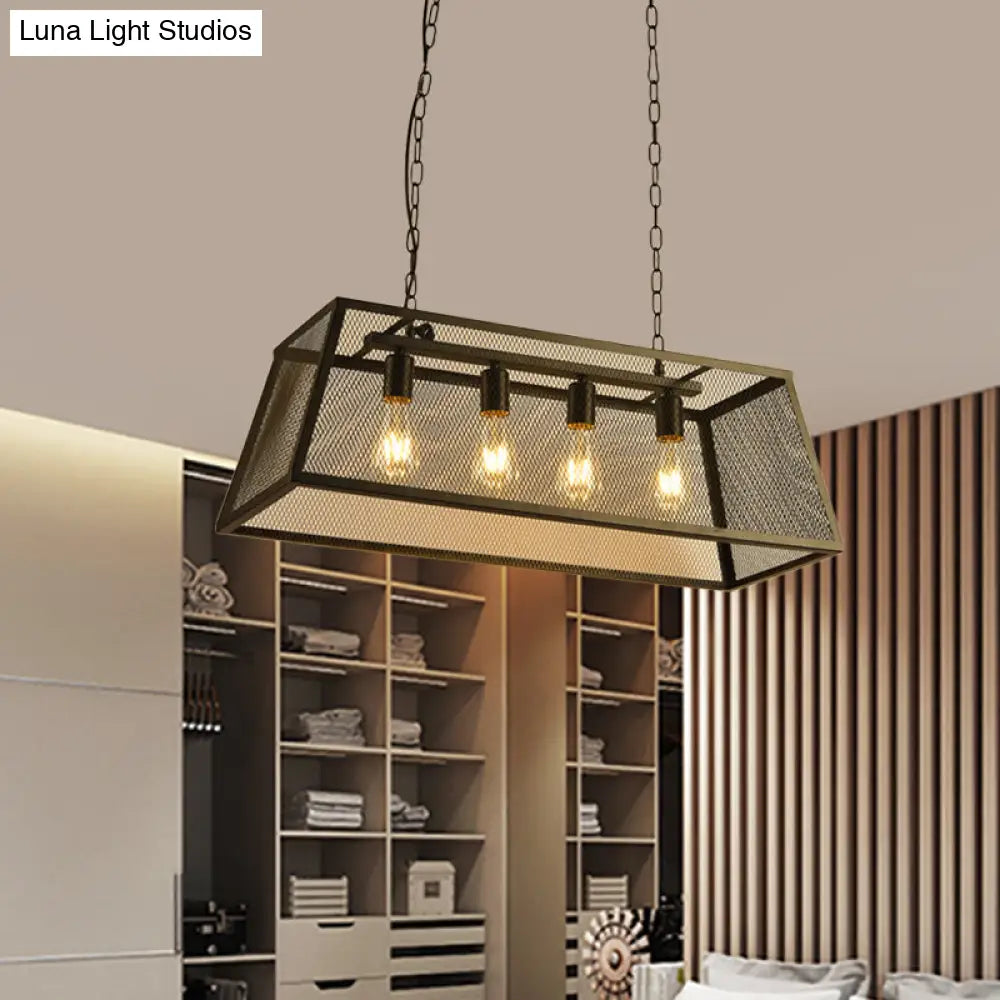 Industrial Iron Wire Mesh Pendant Light - Black 4-Light Island Lamp For Dining Room