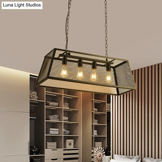 Industrial Iron Wire Mesh Pendant Light - Black 4-Light Island Lamp For Dining Room