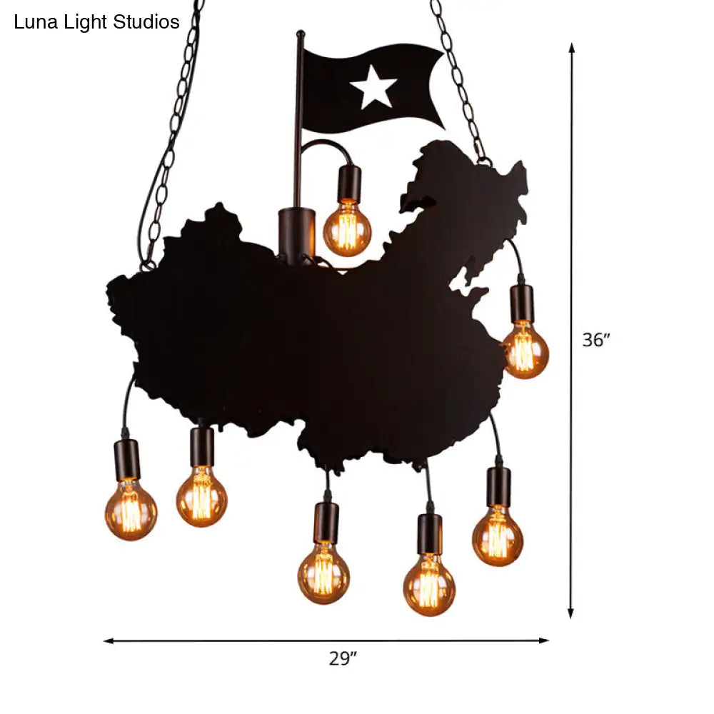 Industrial Island Pendant Lamp - Iron Panel Black Hanging Light Kit 7 Bulbs Map And Flag Shape